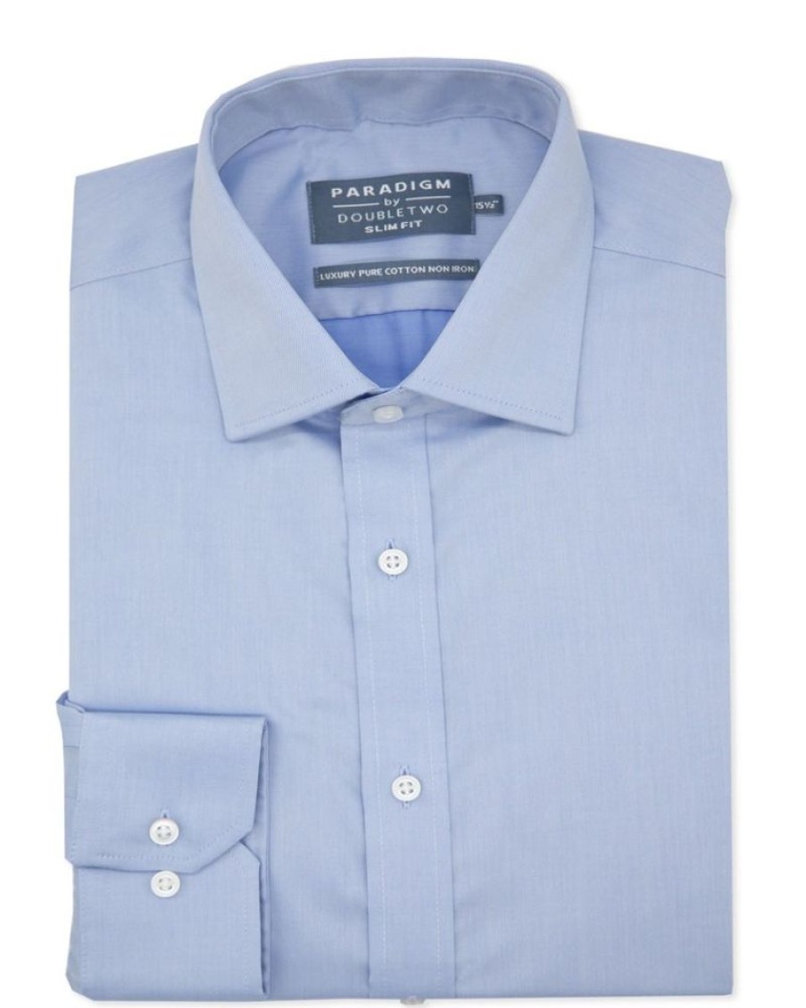 Shirts Double Two | Tailored Fit Blue Non-Iron Pure Cotton Twill Shirt