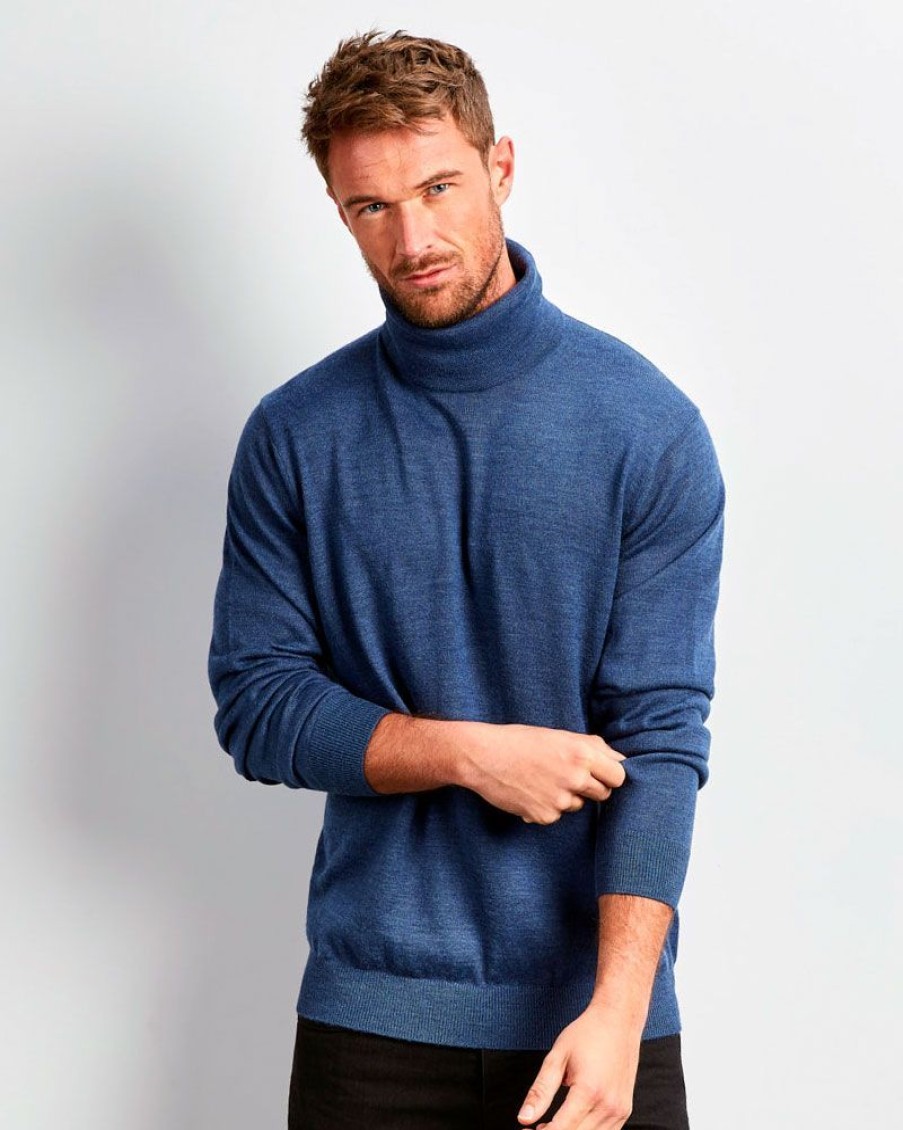 Casualwear Double Two | Denim Blue Merino Blend Roll Neck Jumper