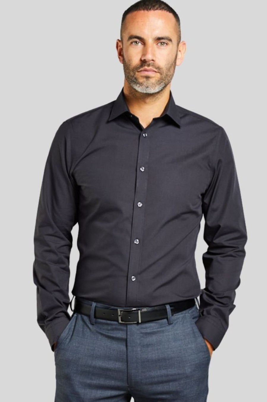 Shirts Double Two | Slim Fit Black Long Sleeve Non-Iron Shirt