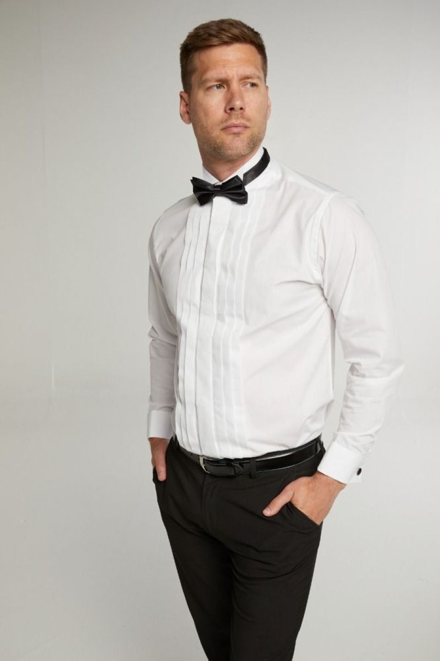 Shirts Double Two | White Wing Collar Wide Stitch Pleated Dress Shirt