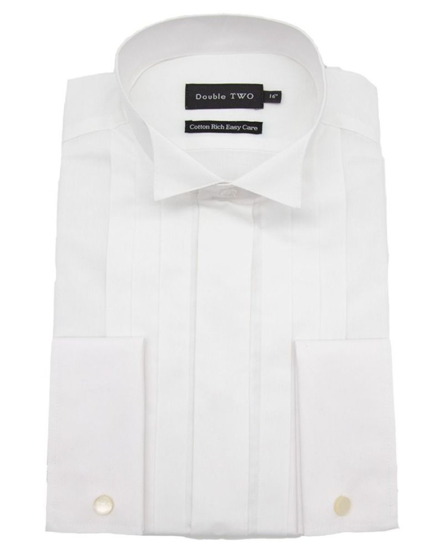 Shirts Double Two | White Wing Collar Wide Stitch Pleated Dress Shirt